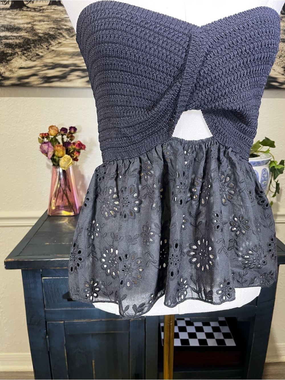 NWT ZARA COMBINATION Cotton KNIT Eyelet STRAPLESS TOP - Picture 7 of 14